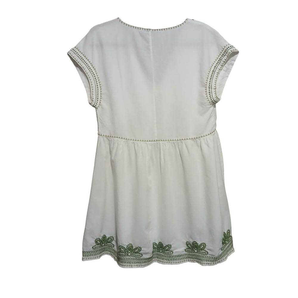 Zara White Embroidered Dress Womens Extra Small XS Green Trim Boho Chic - Picture 4 of 8